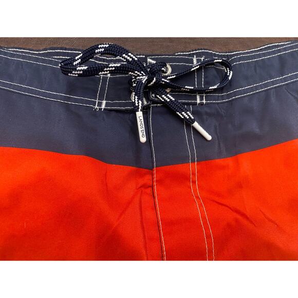 Lands End Red White Blue Stripe Swim Trunk Shorts Pockets Built-in Brief Large - Picture 3 of 11